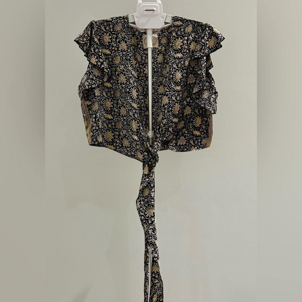 Muche Muchette- Gold Metallic Floral Paisley Wrap Crop Top Ruffle Sleeve Boho